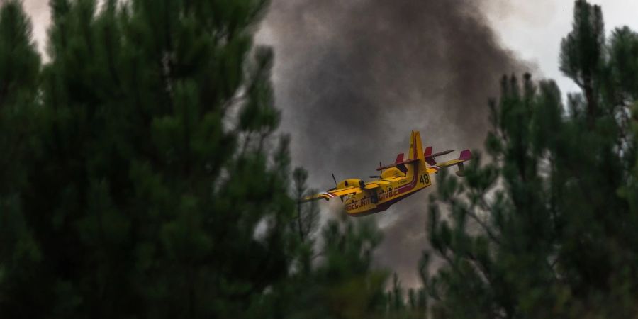 Ein Löschflugzeug überfliegt den Wald während eines Brandes in Frankreich.