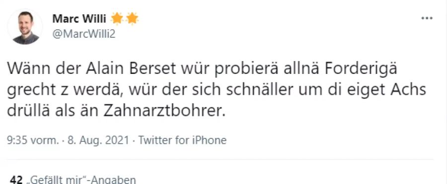 Der Twitter-User «Marc Willi» zu den Forderungen an Alain Berset.