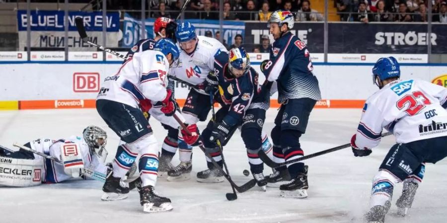 Münchens und Mannheims Spieler kämpfen vor dem Mannheimer Tor um den Puck. Foto: Sina Schuldt/dpa