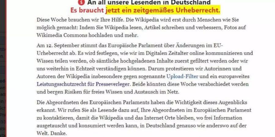 Vorschalt-Seite der freien Internet-Enzyklopädie Wikipedia, auf der zum Protest gegen die geplante Reform des europäischen Urheberrechts aufgerufen wird. Foto: Wikipedia