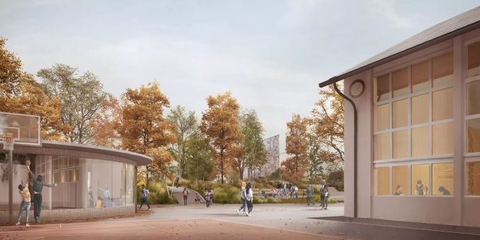 Visualisierung: Allwetterplatz Schulhaus Feld und Pavillon (links) mit Zugang zur unterirdischen Turnhalle
