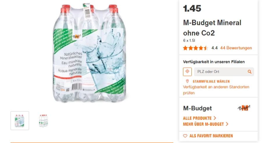 Das Mineralwasser von M-Budget kostet im 6er-Pack 1.45 Franken.