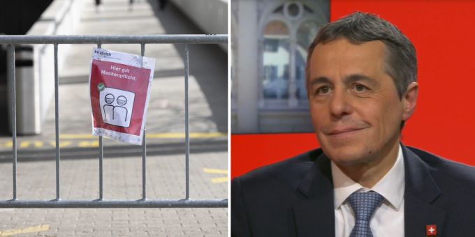 Noch hängen die Hinweisschilder für die Maskenpflicht. Doch gemäss Bundespräsident Ignazio Cassis könnte sie schon bald fallen. Corona ignazio cassis