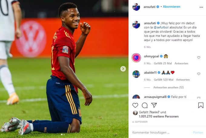 Ansu Fati debütierte vor Kurzem für die spanische Nationalmannschaft. fc barcelona ansu fati