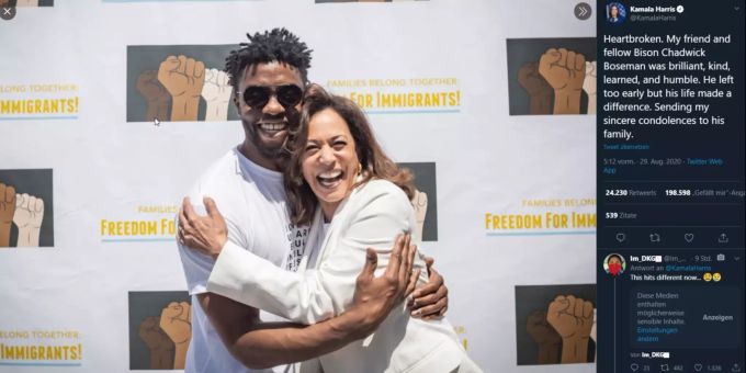 Wie Kamala Harris trauern die ganzen USA um den an Krebs verstorbenen Chadwick Boseman. chadwick boseman