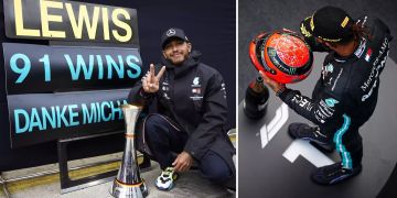 Lewis Hamilton mit dem Helm Michael Schumacher.