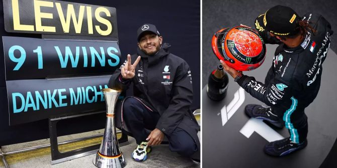 Lewis Hamilton mit dem Helm Michael Schumacher.
