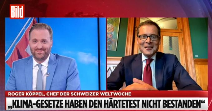 «Bild»-Moderator Kai Weise und SVP-Nationalrat Roger Köppel unterhalten sich über das CO2-Nein der Schweizer. CO2-Gesetz Roger Köppel