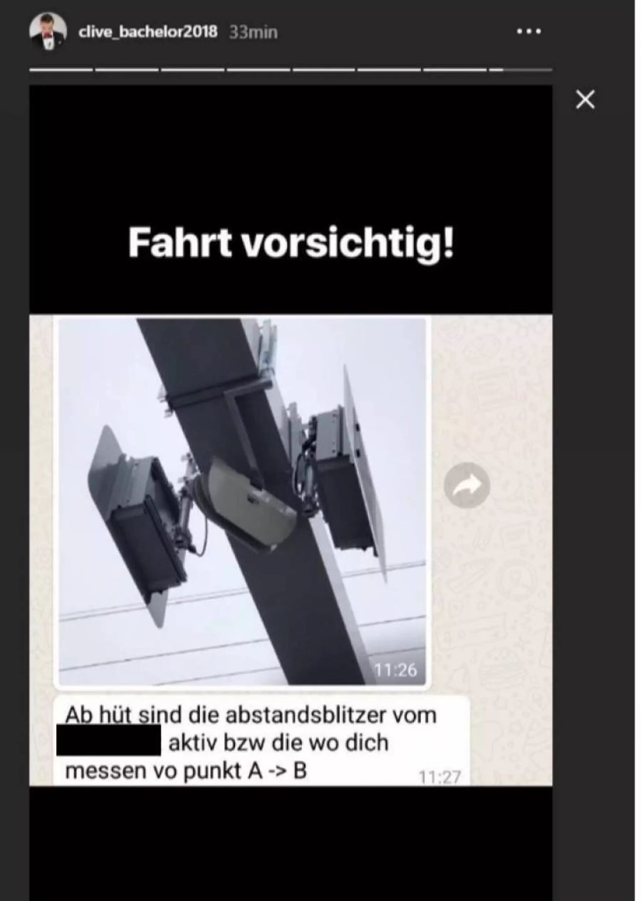 Der neue Bachelor Clive Bucher warnt auf Instagram vor einem Abstandsblitzer im Grossraum Zürich.