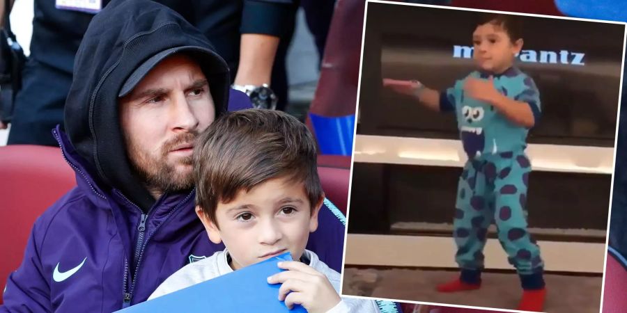 Lionel Messi sitzt mit seinem Sohn Thiago auf der Tribüne. Der andere Sohn, Mateo (rechts), tanzt sich derweil in die Herzen der Fans.