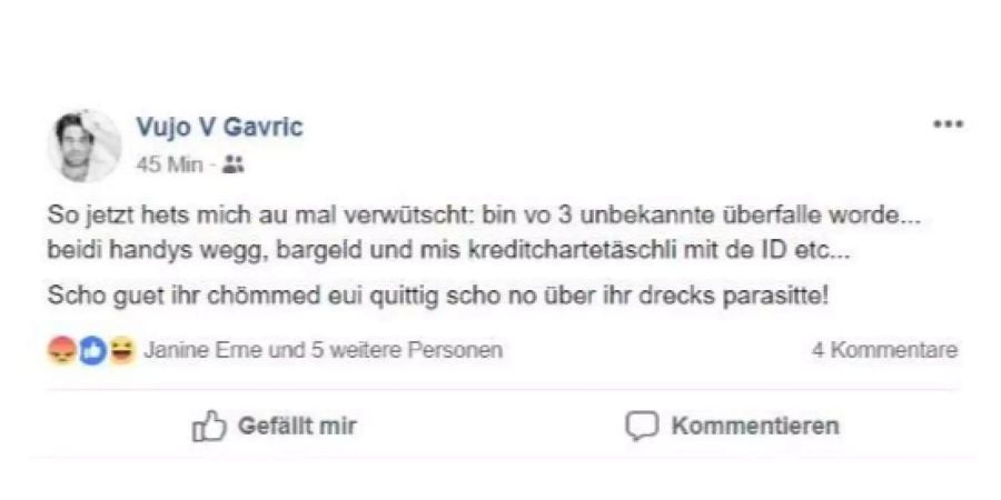 In diesem Facebook-Post macht Vujo Gavric seine Wut über den erlebten Überfall kund.