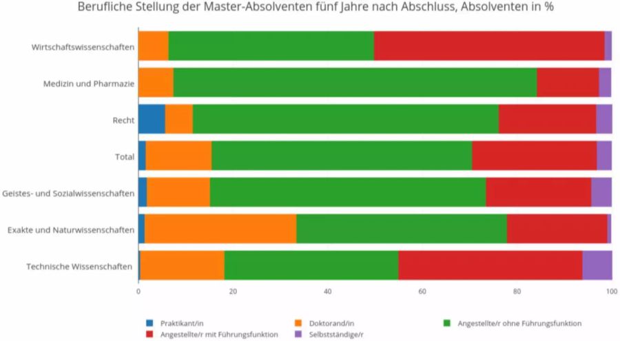 Das Bundesamt für Statistik zeigt auf, welche berufliche Stellung Master-Absolventen fünf Jahre nach Abschluss innehaben.