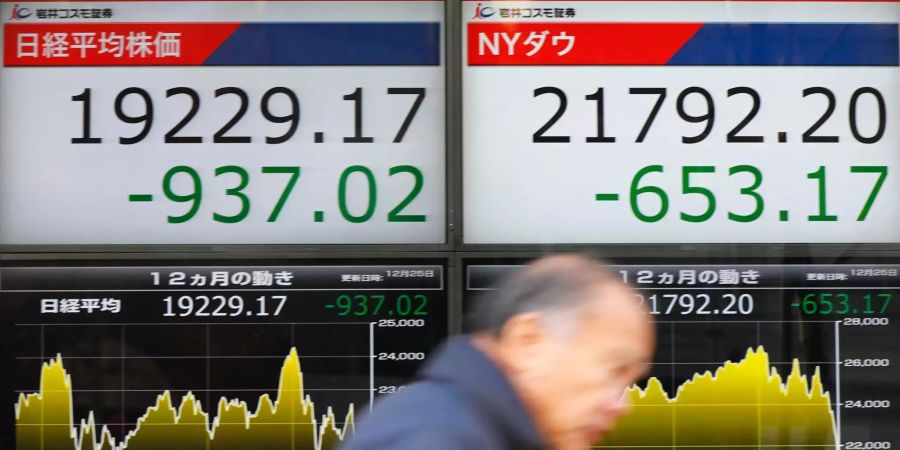 Ein Mann geht an einer Tafel des Nikkei-Index' vorbei.