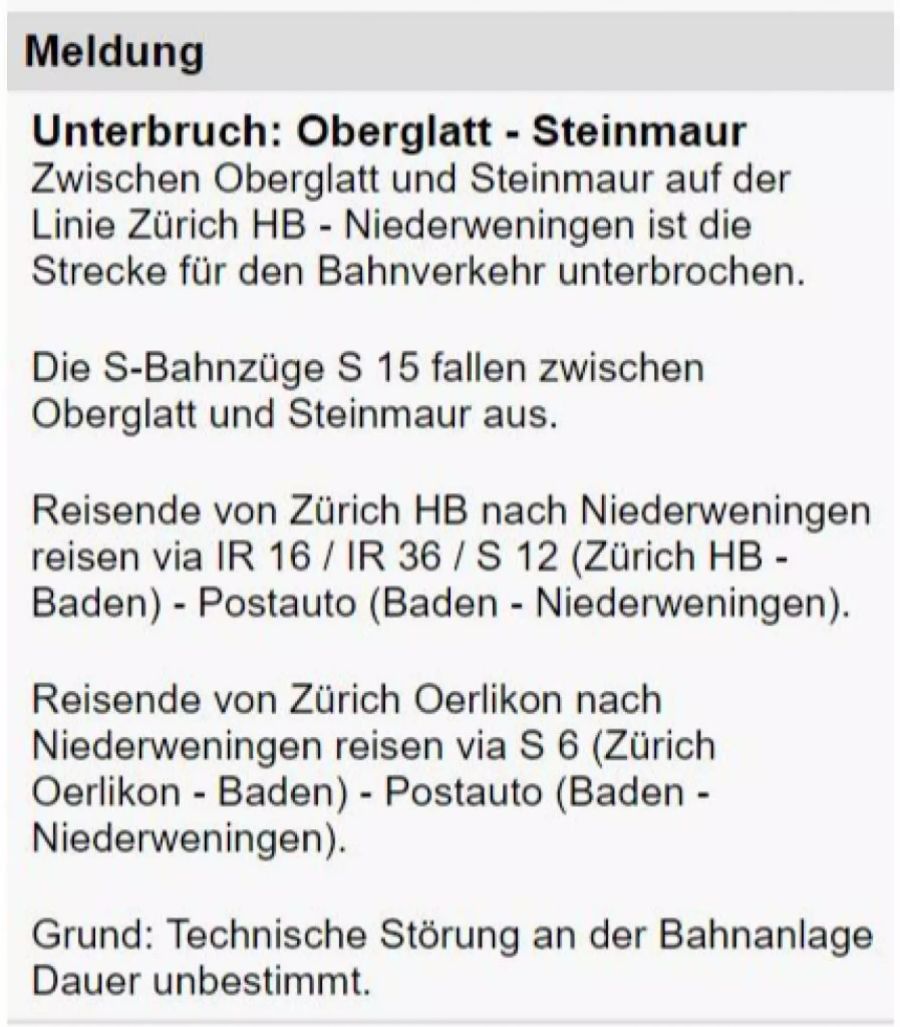 Wie lange der Bahnunterbruch zwischen Oberglatt und Steinmaur dauern wird, ist nicht bekannt.