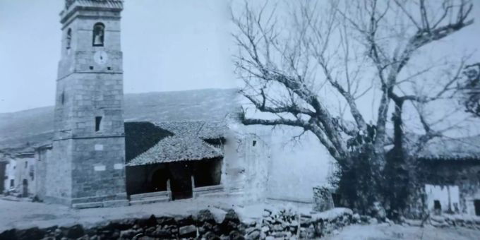 Zurück in 1936: Die Kirche von La Muedra und die Überreste eines großen Baums vom Dorfplatz. Zurück in 1936: Die Kirche von La Muedra und die Überreste eines großen Baums vom Dorfplatz.