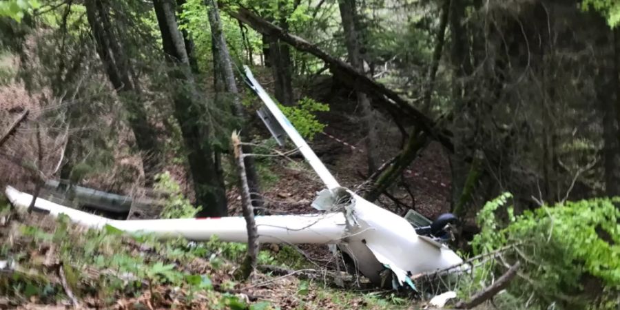 Das auseinandergebrochene Segelflugzeug nach dem Absturz in der Region des Bettlacherbergs.