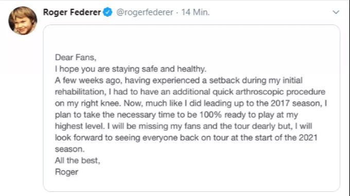 Roger Federer teilt seinen Fans die schlechten Neuigkeiten mit. Roger Federer