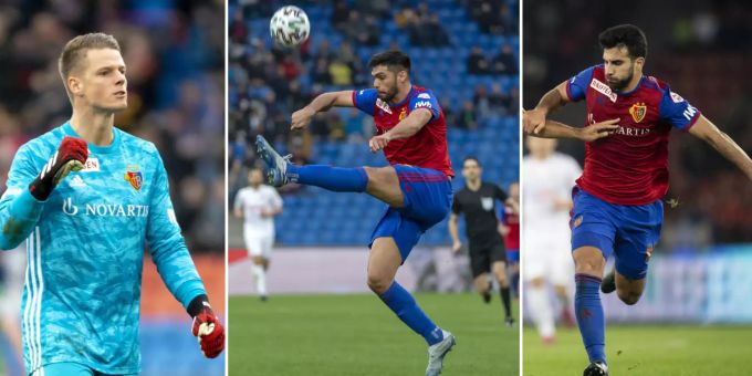 Muss der FCB seine Stars Jonas Omlin, Omar Alderete und Eray Cömert (v.l.) zu Schnäppchenpreisen verkaufen? FC Basel