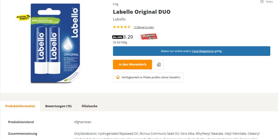 Labello Sticks bei Coop mit der Angabe: Produktionsland Afghanistan.