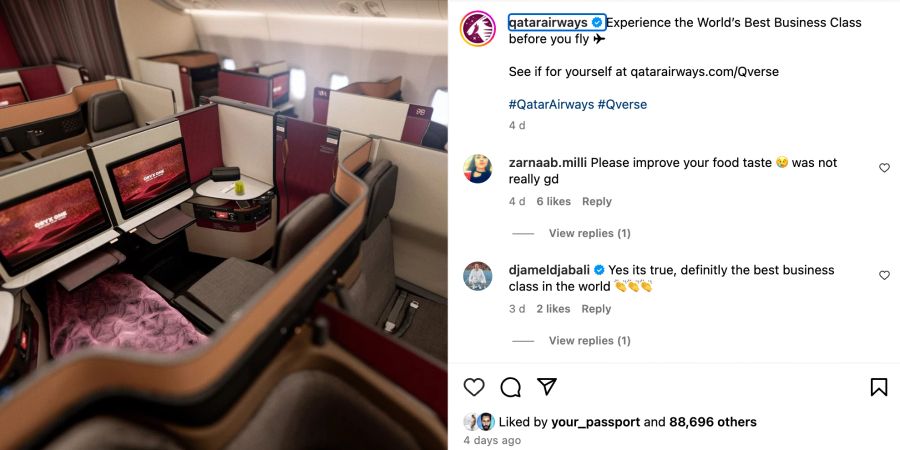 Instagram Post: Business-Class von Qatar Airways.