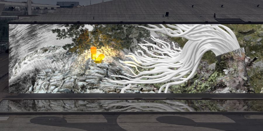 Das Werk «Flumen» des Basler Künstlers Dirk Koy wird ab Dezember auf die Fassade der Messehalle 2 projiziert.