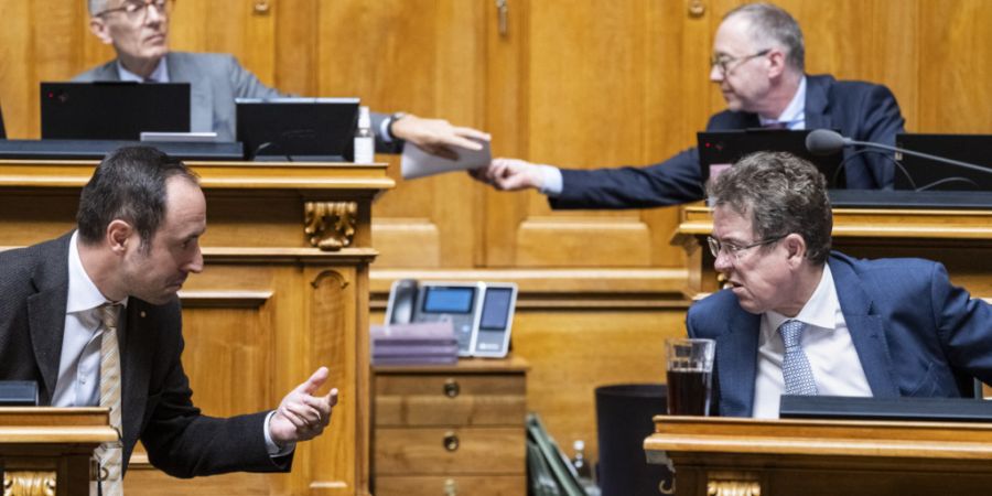 Energieminister Albert Rösti (rechts unten) warnte im Rat einmal mehr vor den Folgen eines Strommangels. Auch Christian Wasserfallen (FDP/BE, links unten) trat für die Zusatzkredite ein.