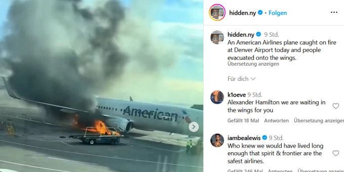 Ein Flugzeig der American AIrlines hat nach der Notlandung in Denver Feuer gefangen. feuer flugzeug