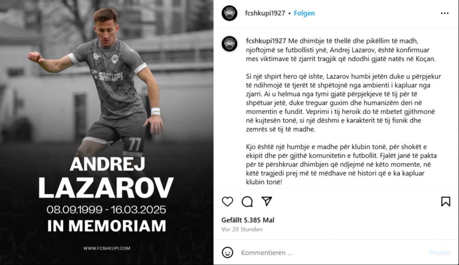 Der Club FC Shkupi vermeldet den Tod seines Spielers Andrej Lazarov.