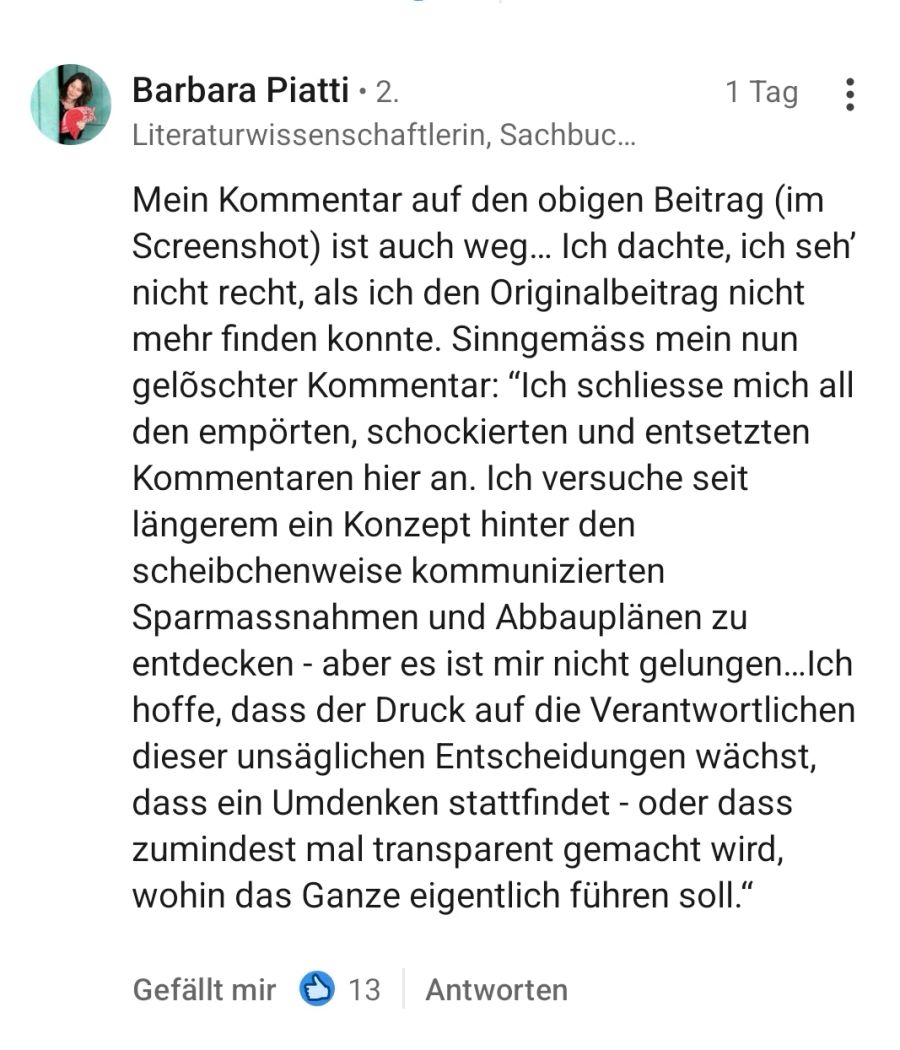 Ein gelöschter Kommentar zum SRF-Sparhammer wird von der Linkedin-Userin sinngemäss neu wiedergegeben.