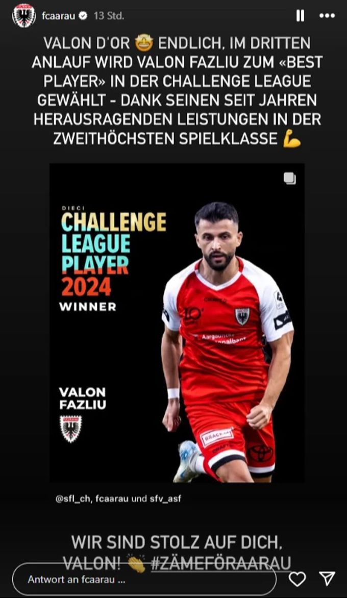 Auf Instagram gratuliert der FC Aarau seinem «Valon d'Or». fc aarau