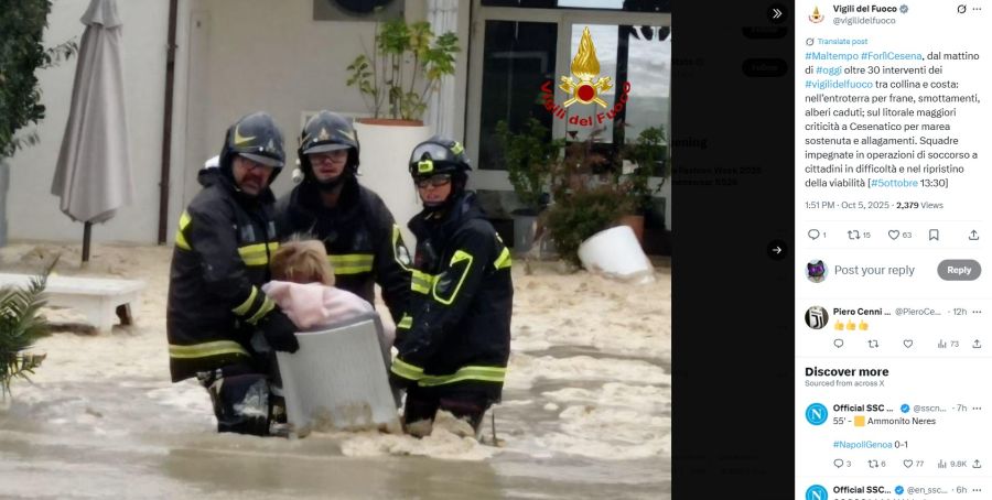 Überflutete Strände, überspülte Promenaden und schwere Schäden in Italien - bei Cesenatico, Rimini und Cervia traf am Sonntag eine Sturmflut die Region.