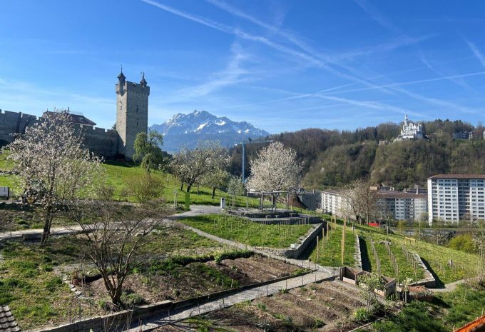 Blick auf die Neubauten der KAB Wohnraumgenossenschaft im Bramberg-Quartier. Die Attikawohnungen sind derzeit auf dem Markt. Bramberg-Quartier Luzern