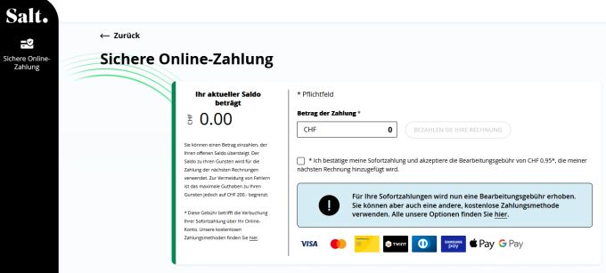 95 Rappen bezahlen Kundinnen und Kunden, wenn Sie die Rechnung von Salt etwa mit Twint bezahlen. Salt