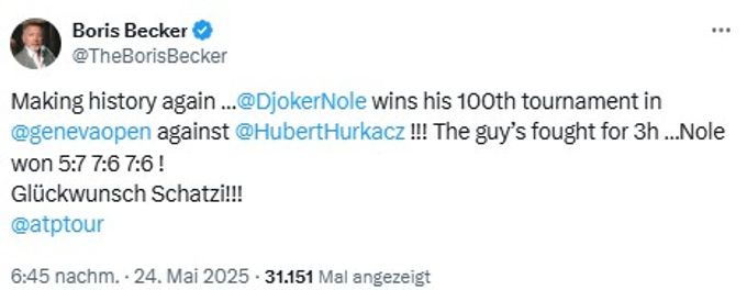 So gratuliert Boris Becker seinem ehemaligen Schützling Novak Djokovic zum 100. Titel. Djokovic