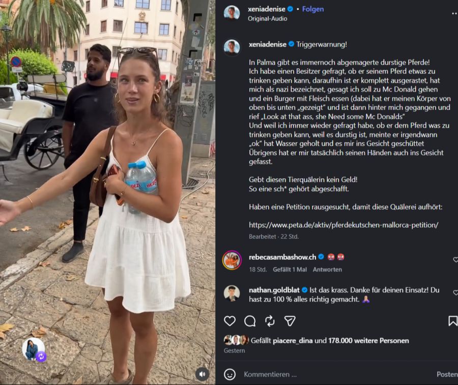Die deutsche Influencerin Xenia Denise zeigt auf Instagram, wie sie auf Mallorca von einem Kutschenfahrer beschimpft und mit Wasser attackiert wird.