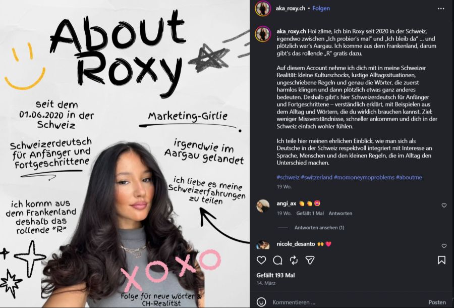 Die deutsche Influencerin Roxy hat es sich zur Aufgabe gemacht, auf Instagram die Schweiz zu «erklären».