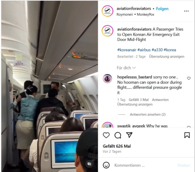Das Video zeigt den Passagier (weisses Shirt) in Mitten der Crew. passagier korean air