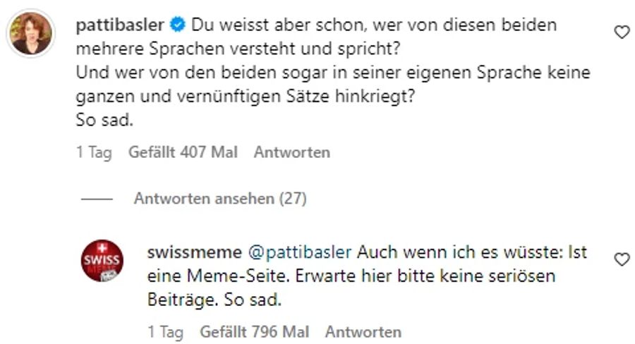 Patti Basler teilt in der Kommentarspalte gegen Zeki aus.