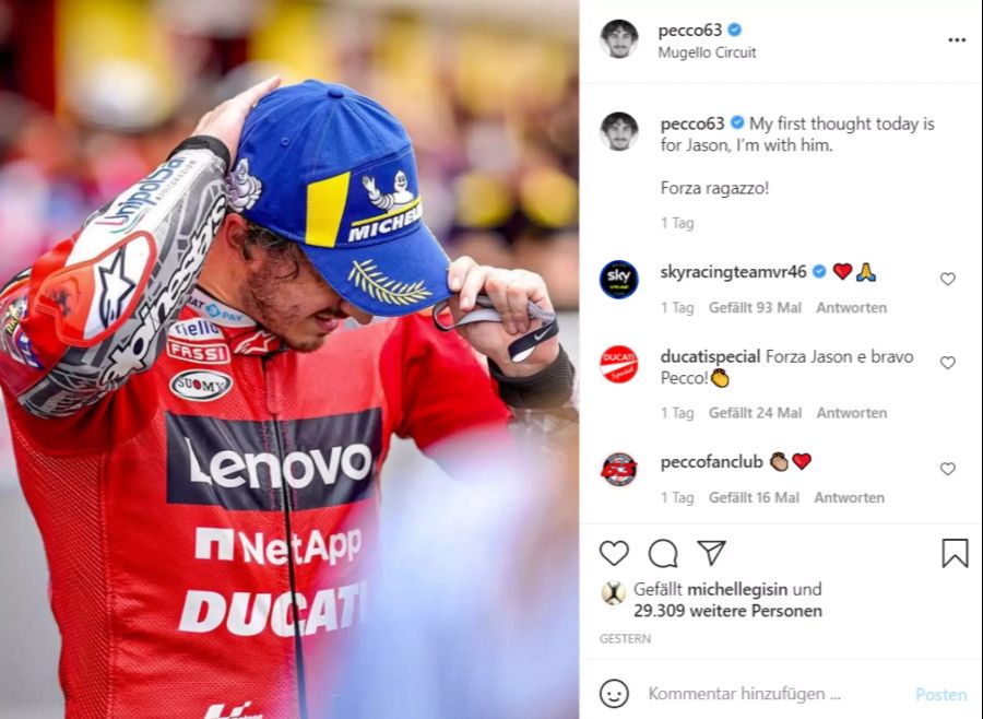 Francesco Bagnaia findet es nicht korrekt, dass trotz Dupasquiers tödlichem Unfall gestartet wurde.