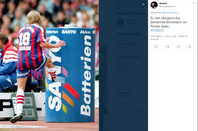 Klinsmanns Tritt in die Tonne im Spiel gegen den SC Freiburg. Jürgen Klinsmann Tonne Tritt