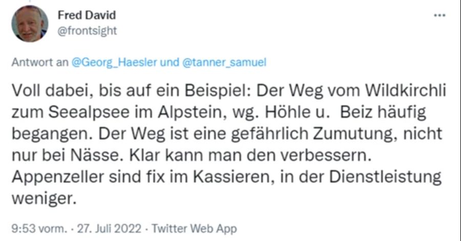 Ein Twitter-Nutzer bezeichnet den Weg zum Seealpsee als «gefährliche Zumutung».