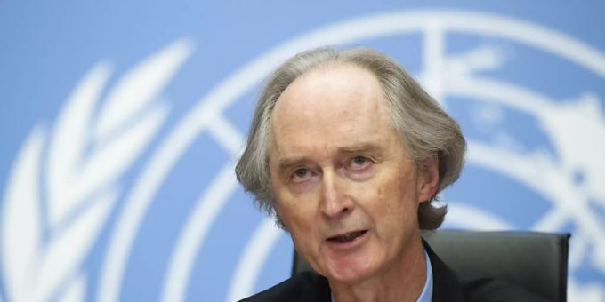 ARCHIV - Geir Otto Pedersen, Sondergesandter der Vereinten Nationen für Syrien, spricht bei einer Pressekonferenz im europäischen UN-Hauptquartier.. Foto: Violaine Martin/UN Geneva /dpa - ACHTUNG: Nur zur redaktionellen Verwendung und nur mit vollständiger Nennung des vorstehenden Credits ARCHIV - Geir Otto Pedersen, Sondergesandter der Vereinten Nationen für Syrien, spricht bei einer Pressekonferenz im europäischen UN-Hauptquartier.. Foto: Violaine Martin/UN Geneva /dpa - ACHTUNG: Nur zur redaktionellen Verwendung und nur mit vollständiger Nennung des vorstehenden Credits