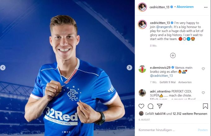 Cedric Itten läuft seit Anfang August für die Glasgow Rangers in Schottland auf. Cedric Itten