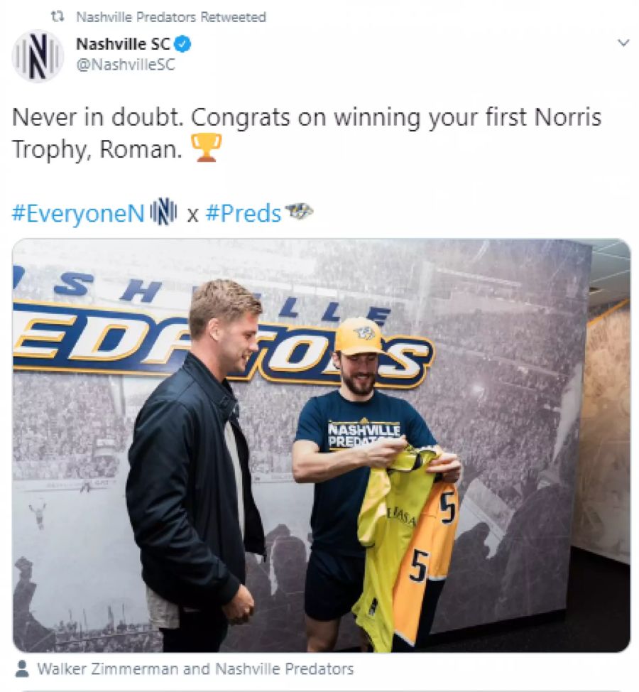 Die Nashville Predators gratulieren Roman Josi zu seinem Erfolg.