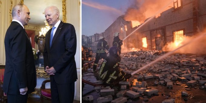 Der russische Präsident Wladimir Putin und US-Präsident Joe Biden. Rechts auf dem Bild ist zu sehen, wie ukrainische Feuerwehrmänner gegen die Flammen in einem von den Russen im Ukraine-Krie Ukraine Krieg