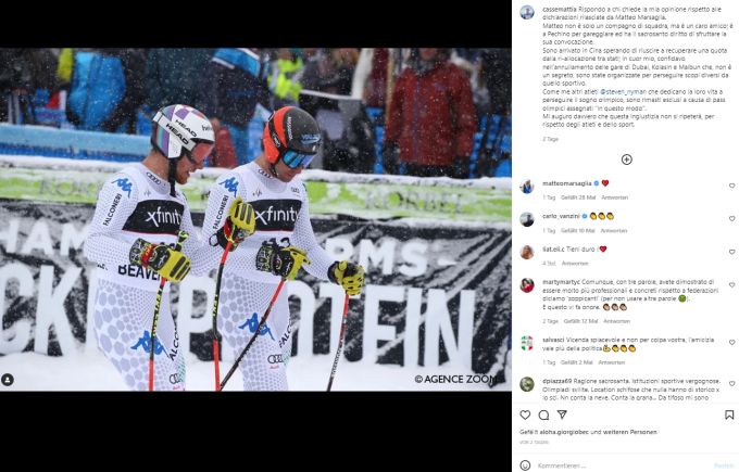Mattia Casse reagiert via Instagram auf die Aussagen seines Teamkollegen. Olympia 2022