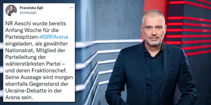 Arena-Moderator Sandro Brotz in Erwartung der Parteispitzen von SP, FDP, Grünen, Grünliberalen, Mitte und SVP. Doch die Grünen sagen wegen der Ankündigung von Redaktionsleiterin Franziska Egli ab. Sandro Brotz Arena Ukraine-Krieg