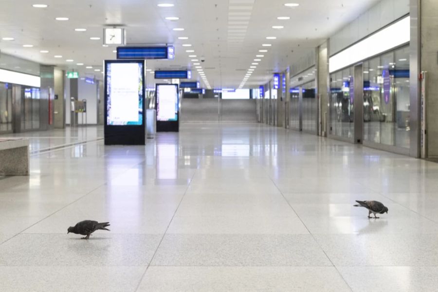 Tauben spazieren durch den menschenleeren Hauptbahnhof in Zürich am Donnerstag, 19. März 2020.