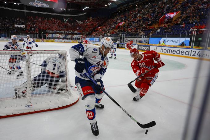 Mikko Lehtonen (ZSC Lions) gegen Maxim Noreau (Rapperswil-Jona Lakers) in der National League.. National League Rapperswil ZSC