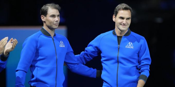 Roger Federer und Rafael Nadal vor dem Doppel. Federer